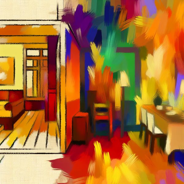 Abstracte kamer met kleurrijke muur voor taal leren Abstracte expressie van een kamer met een gedurfde, kleurrijke muur die een gezellige woonkamer scheidt van een eetruimte.