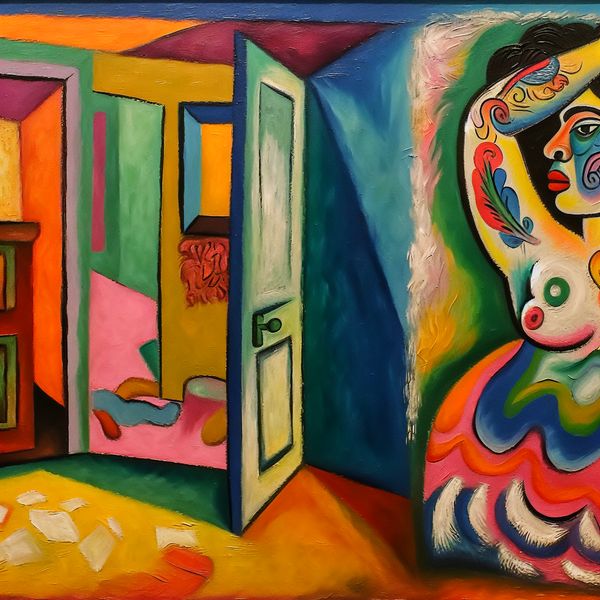 Abstracte kamer met kleurrijke linkerdeur en vrouwelijk tattoo kunst Abstracte kleurrijke scène van een kamer met een prominente deur aan de linkerkant en een levendige afbeelding van de linkerarm van een vrouw met een gedurfde tattoo