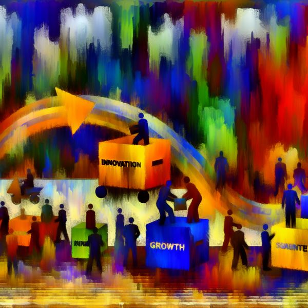 Abstracte Kantoorverandering: Innovatie en Groei Abstracte kleurrijke afbeelding van een veranderende kantooromgeving met medewerkers en blokken voor innovatie en groei.