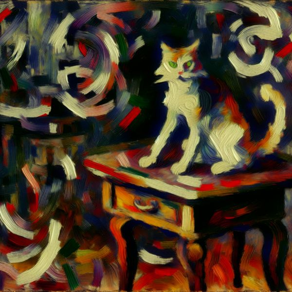 Abstracte Kat aan Tafel Abstracte uitdrukking van een kat die aan een tafel zit in een chaotische achtergrond