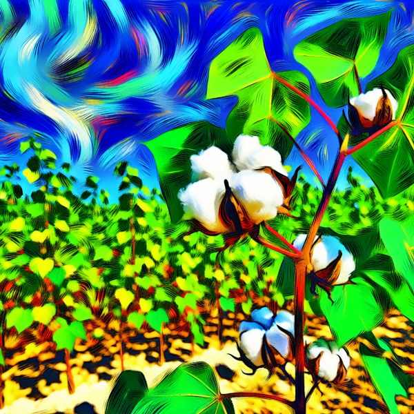 Katoen Planten in een Vrolijke Abstracte Illustratie Abstracte illustratie van katoenplanten met felgekleurde bollen onder een blauwe lucht