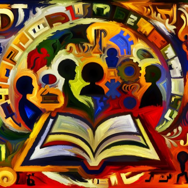 Abstracte voorstelling van kennis en geletterdheid met een open boek in het midden, omringd door levendige penseelstreken die verschillende onderwerpen symboliseren.