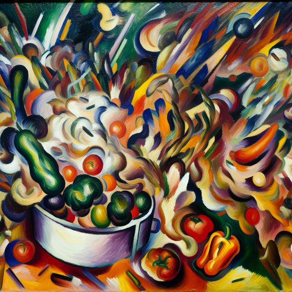 Abstract Schilderij van Keuken met Groenten - Karel Appel Geïnspireerd Abstracte schilderij van een chaotische keuken met felle groenten in kinderlijke vormen