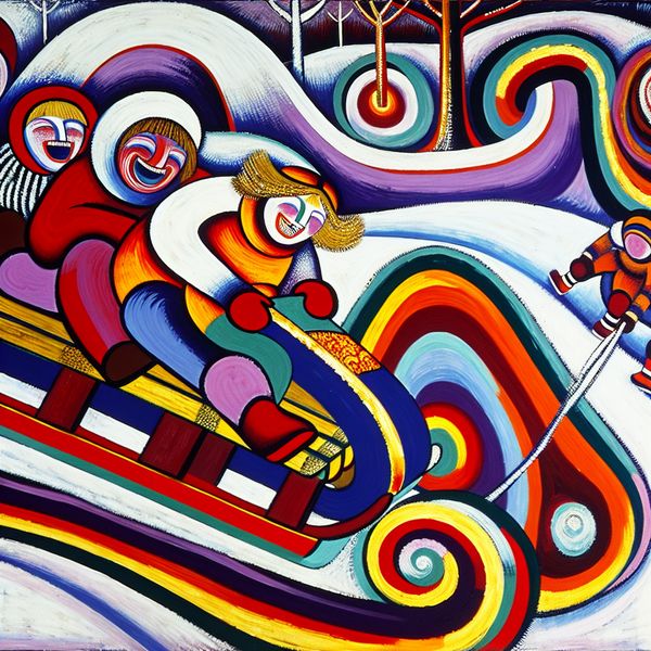 Kleurrijke abstracte voorstelling van vrolijke kinderen die met een grote houten slee van een besneeuwde heuvel glijden, in expressieve stijl
