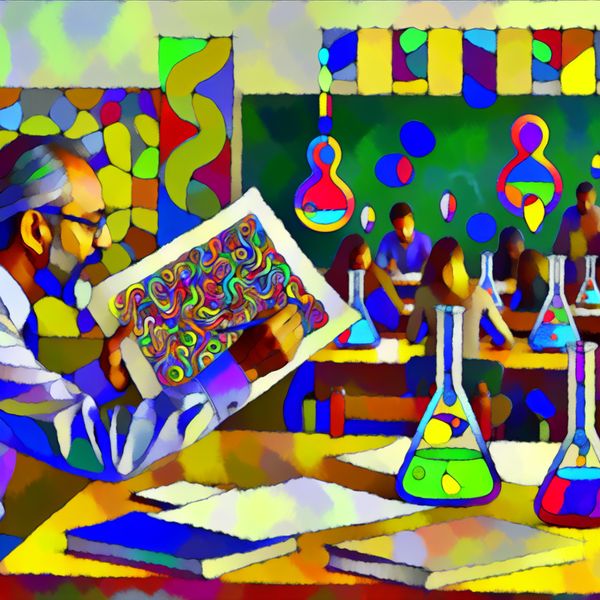 Vibrant abstract classroom scene with a teacher reviewing a giant test paper filled with colorful doodles, while students experiment with colorful liquids in beakers and test tubes.