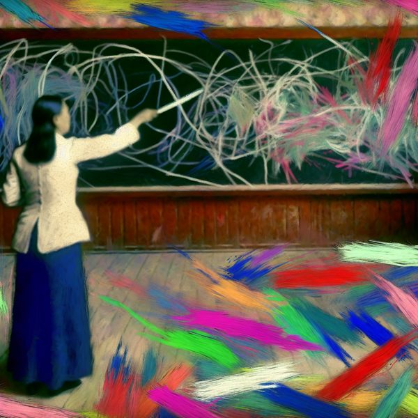 Abstracte Weergave van een Klaslokaal met Krijt en Creativiteit Abstract expressionistisch klaslokaal met een leraar die met krijt op een zwart bord schrijft