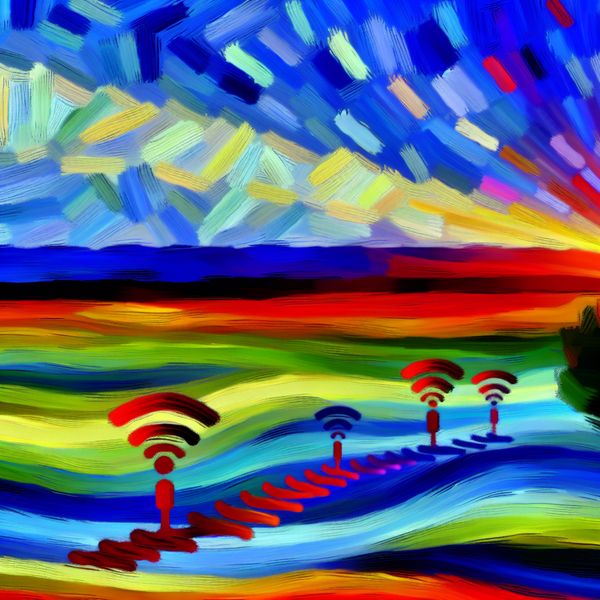 Abstracte afbeelding van kleuren die golfvormige signalen uitstralen over een uitgestrekt landschap met een kleurrijke horizon.