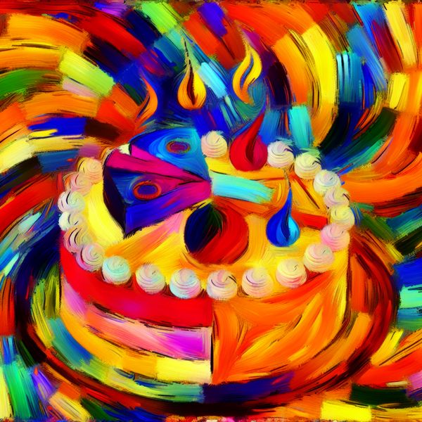 Abstracte kleurrijke scène in de stijl van Karel Appel met een heerlijke taart