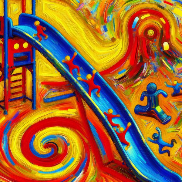 Abstracte glijbaan in speeltuin: kleurrijk en speels ontwerp voor kinderen Kleurrijke abstracte glijbaan in speeltuin met vrolijke kinderen, geschilderd in expressieve stijl van Karel Appel
