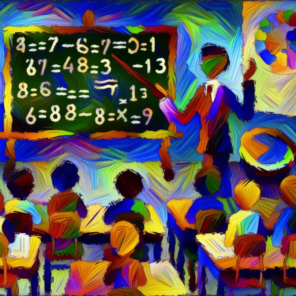 Abstracte kleurrijke klaslokaal met leraren en leerlingen Een kleurrijke en abstracte klaslokaal scène met een leraar en diverse kinderen die samen een wiskundepuzzel oplossen op een groot schoolbord.