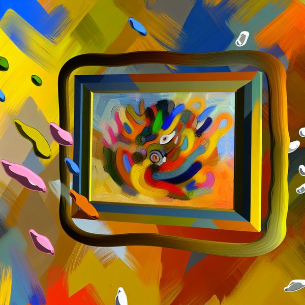 Abstracte kleurrijke kunst geïnspireerd door Karel Appel Een abstracte, kleurrijke scène geïnspireerd door Karel Appel, toont een mooi getekende afbeelding omgeven door een energiek kader.