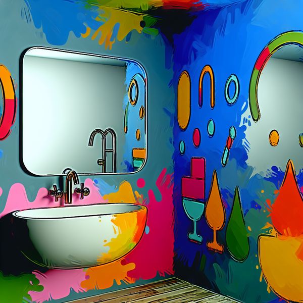 Kleurrijke moderne badkamer inspiratie Abstracte en kleurrijke weergave van een moderne badkamer met een levendige spiegel en kleurrijke doeken.