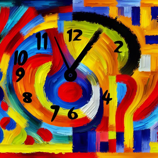 Abstracte klok met dikke penseelstreken in primaire kleuren die drie uur aangeeft, speels en expressief ontwerp