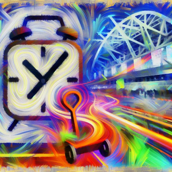 Abstracte klok en luchthaven vertrek Abstracte expressie van een grote klok die 15:00 uur slaat in een surrealistisch landschap dat het vertrek naar de luchthaven symboliseert.