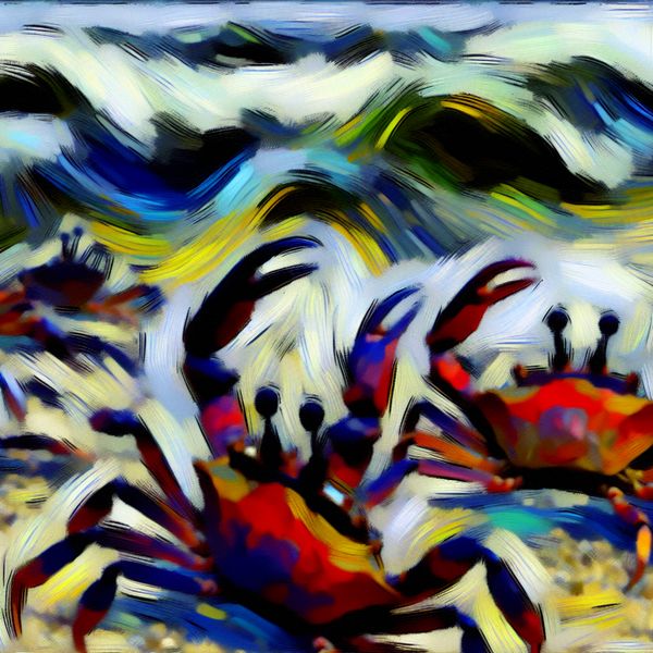 Abstracte krabben in hun natuurlijke omgeving Abstracte interpretatie van krabben die in de zee bewegen met stylized golven en levendige kleuren