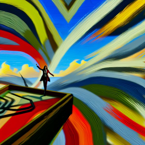Abstracte afbeelding van een individu op een kruispunt met dynamische kleuren