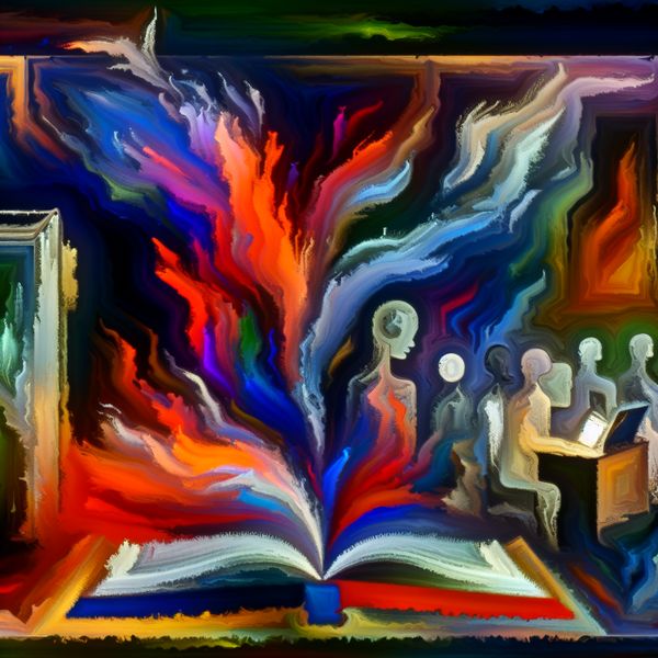 Abstracte kunst over de boodschap van verhalen Abstract expressionist kunstwerk van een open boek dat kleurrijke boodschappen uitstraalt, omringd door dynamische penseelstreken en schimmige figuren van schrijver en publiek.