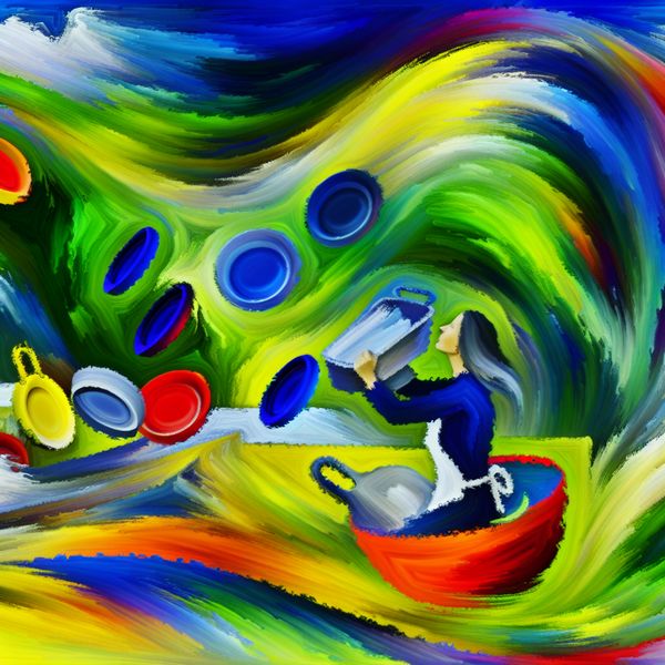 Abstracte Schilderij Handelen: Borden Wassen Persoon wast borden in een dynamische, abstracte scène met kleurrijke beweging