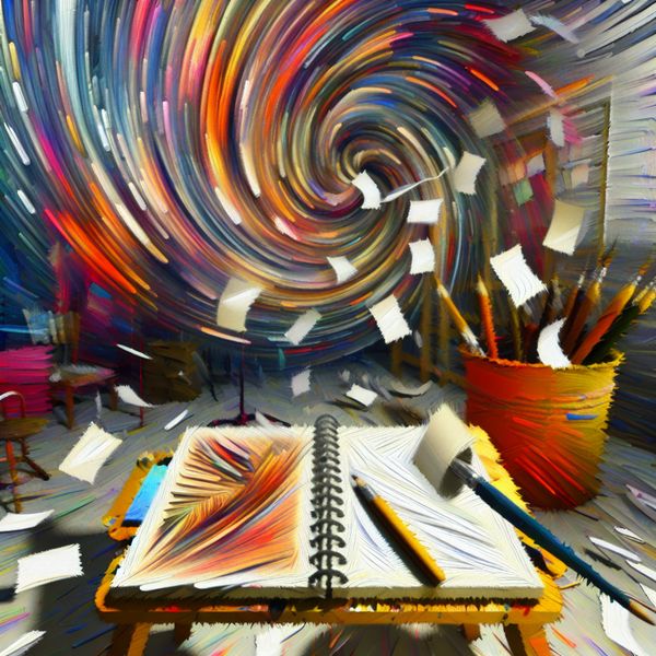 Abstract expressionistisch kunstwerk van een chaotische kamer met een open notitieblok vol energieke penseelstreken en fragmenten die communicatie symboliseren.