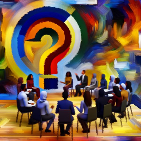Abstracte Kunst van Diverse Mensen en Vraagteken voor Discussiestelling Abstracte samenstelling van diverse mensen rond een kleurrijk vraagteken, geïnspireerd door Willem de Kooning.