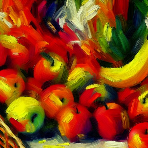 Abstracte Kunst van Eetbare Vruchten Abstract expressionistisch kunstwerk met een chaotische compositie van kleurrijke vruchten zoals appels, sinaasappels en bananen, weergegeven met krachtige penseelstreken.