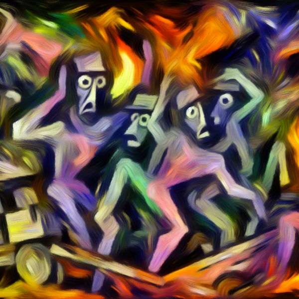 Emotionele Bevrorenheid in Abstracte Kunst Abstracte kunst met levendige kleuren en heftige penseelstreken die angst en verstarring uitdrukt.