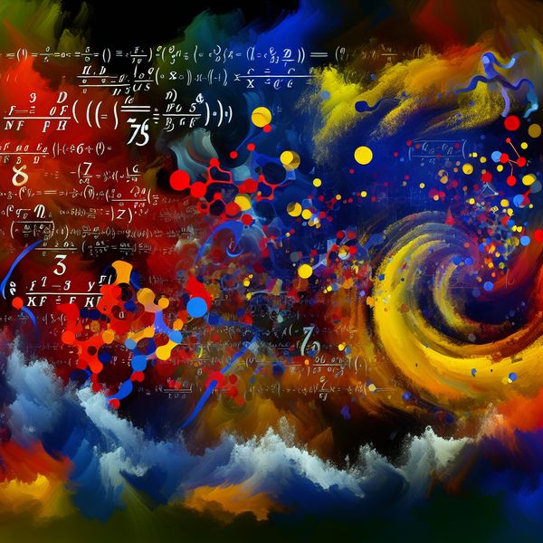 Abstracte compositie die exacte wetenschappen vertegenwoordigt met chaotische, kleurrijke penseelstreken.