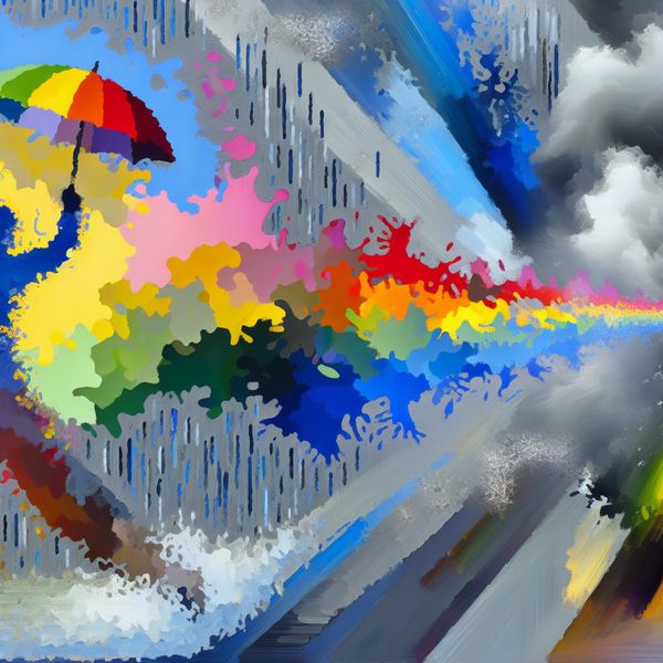 Abstract expressionistisch schilderij van een figuur die zich voorbereidt om een kleurrijke paraplu te pakken tijdens een plotselinge regenbui.