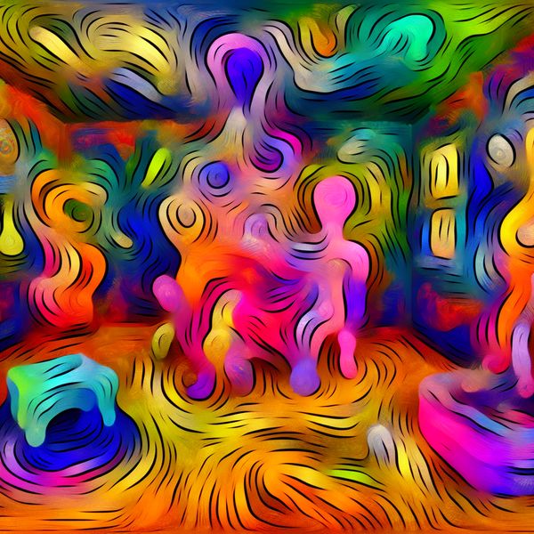 Abstracte Kunst van Ongemak en Chaos Abstracte afbeelding van een chaotische kamer vol vreemde vormen en kleuren die een gevoel van ongemak uitdrukt, met een stilstaande figuur in het midden.