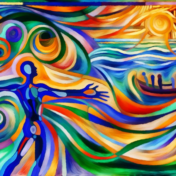 Abstracte Kunst van Hoop en Verlangen Abstracte weergave van hoop en verlangen met een figuur die zijn armen naar de horizon strekt.