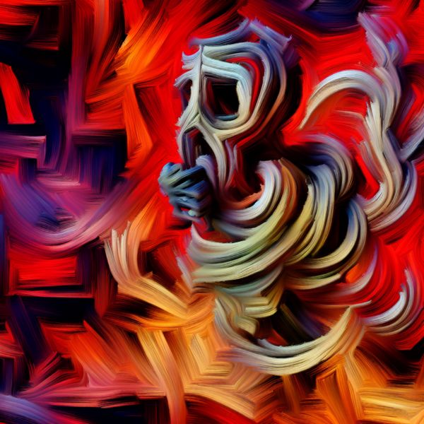 Abstract expressionist kunstwerk met een vervormde figuur die immoreel gedrag en liegen symboliseert, omringd door chaotische vormen in levendige kleuren.