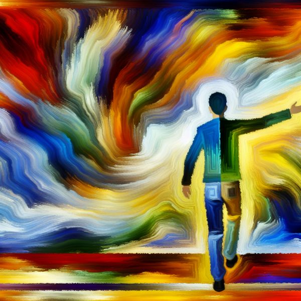 Abstracte kunst van een jongvolwassene in ontwikkeling Abstracte weergave van een jonge persoon die vol vertrouwen tegen een dynamische, chaotische achtergrond staat, waardoor de overgang naar volwassenheid wordt gesymboliseerd.
