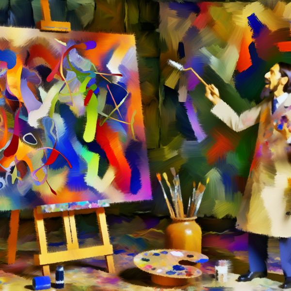 Abstracte kunst geïnspireerd door Karel Appel Een kunstenaar toont trots een kleurrijk abstract schilderij op een ezel, omringd door speelse kleuren en vormen.