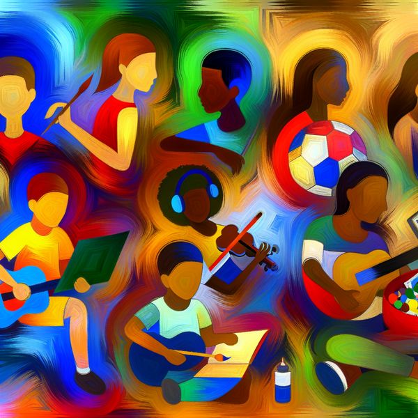 Abstracte Kunst Over Kinderen en Hun Talenten Abstracte voorstelling van diverse kinderen met verschillende interesses en talenten, waaronder schilderen, muziek en sport, weergegeven in levendige kleuren en dynamische vormen.