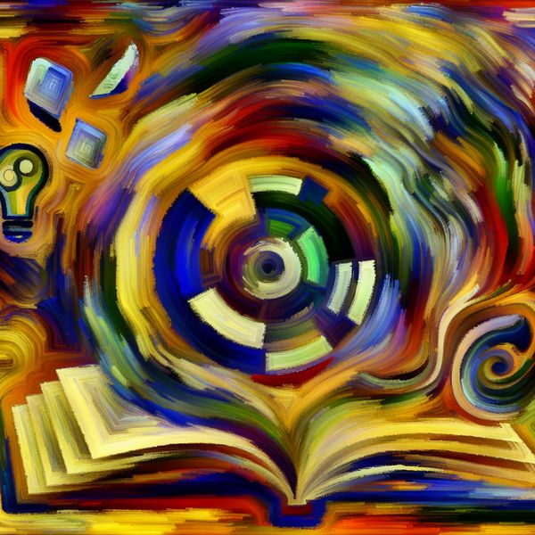 Abstracte Kunst van Leermogelijkheden en Creativiteit Abstract expressionistische voorstelling met een open boek en dynamische penseelstreken die de anticipatie op lezen symboliseren.