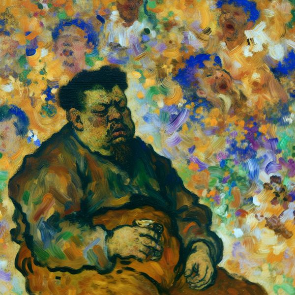 Abstracte Kunst van Lethargie en Motivatieverlies Een abstracte expressieve afbeelding van lethargie met een figuur die op een chaosrijke achtergrond hangt, verwijzend naar mentale en fysieke vermoeidheid.
