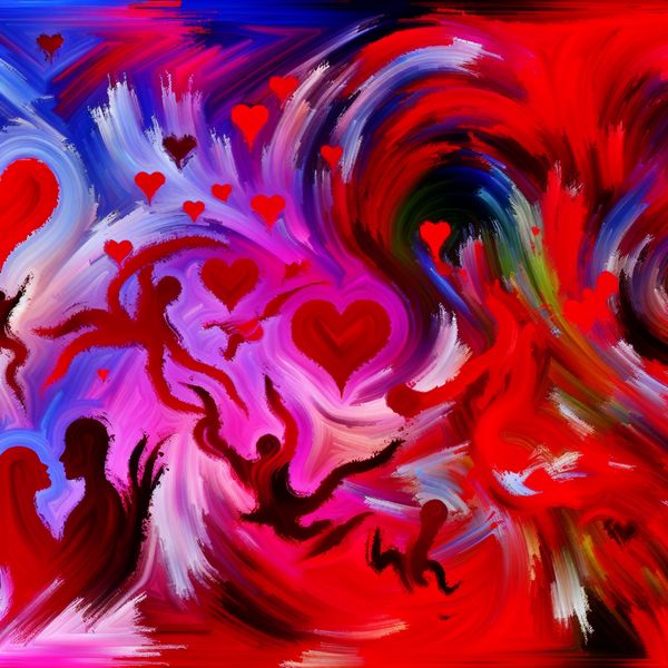 Abstracte Kunst over Liefde Abstract expressionist kunstwerk dat de verschillende vormen van liefde symboliseert met vurige kleuren en chaotische penseelstreken.