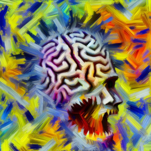 Abstracte Kunst over Stress en Druk Abstracte representatie van stress met een gebroken brein en chaotische penseelstreken.