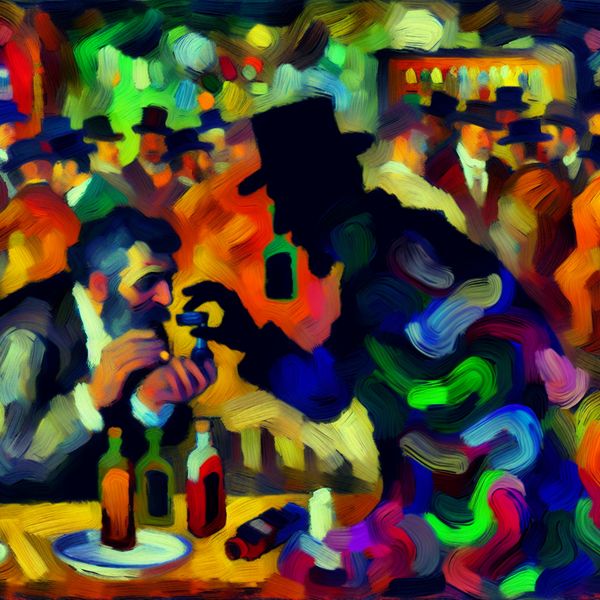 Abstract expressionistische afbeelding van een schaduwfiguur die stiekem alcoholflessen uitwisselt tijdens een feest