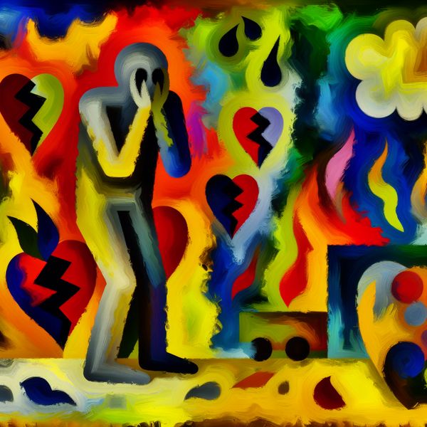 Abstracte Kunst van Spijt en Verdriet Abstracte compositie geïnspireerd door Karel Appel, met een grote figuur die spijt en verdriet uitdrukt, omgeven door symbolen van pijn zoals gebroken harten en donkere wolken.
