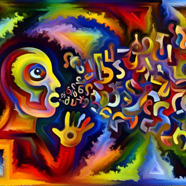 Abstracte Kunst over Spreekmoeilijkheden Abstracte afbeelding van een figuur die moeite heeft met spreken, omringd door kleurrijke vormen en letters.