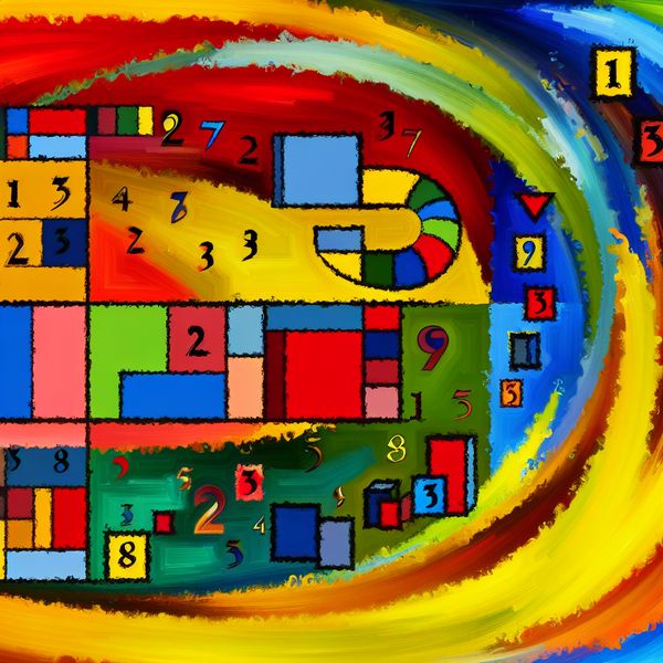 Karel Appel geïnspireerde abstracte kunst over taakvolgorde Abstracte compositie in de stijl van Karel Appel, met kleurrijke vormen die de volgorde van taken en processen aangeven met nummers en symbolen.