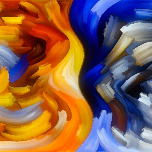 Tegenstelling in Abstracte Kunst: Warmte en Kou Abstract expressionistische kunst die de tegenstelling tussen warmte en kou toont met warme oranje en gele tinten versus donkere blauwe en ijsachtige witte kleuren