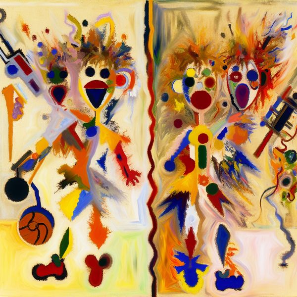 Abstract expressionistisch kunstwerk van twee broers met levendige kleuren en verschillende vormen die hun hobby's symboliseren.