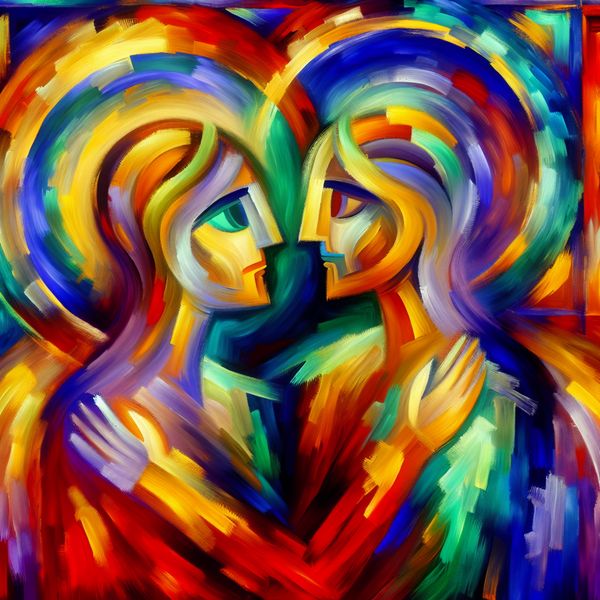 Vibrante abstracte kunst van verbonden liefde Abstracte schilderij van twee figuren die elkaar omarmen, met een achtergrond vol emotionele kleuren.