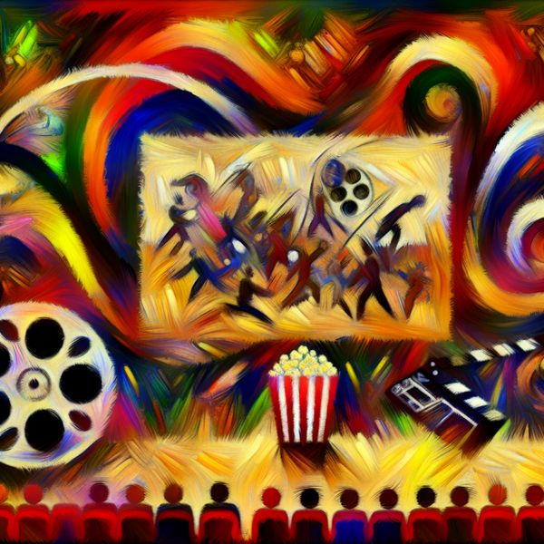 Vibrante Abstracte Kunst van Verhaal en Filmervaring Abstracte scène geïnspireerd door Willem de Kooning, met levendige penseelstreken die filmicoon elementen zoals een filmrol en popcorn weergeven.