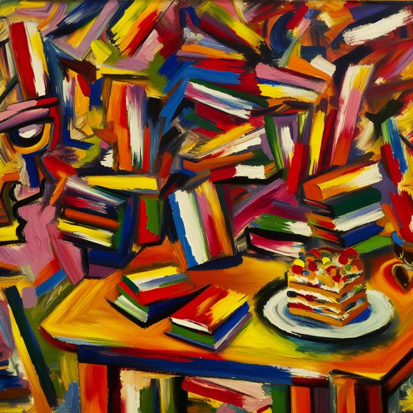 Abstracte kunst van Willem de Kooning met boeken en taart Abstracte compositie geïnspireerd door Willem de Kooning, met een levendige en chaotische scène van een tafel vol boeken en een stuk taart.