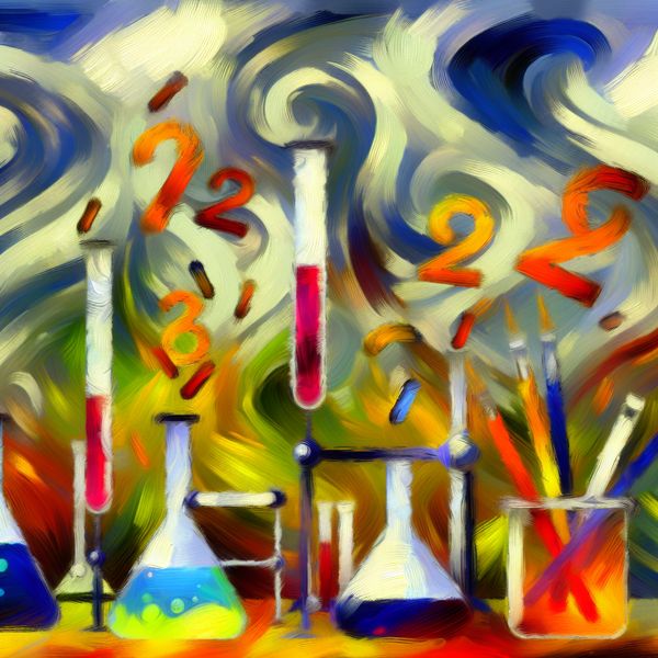 Abstracte laboratoriumscene van de mole in de chemie Abstracte interpretatie van een laboratoriumscene met de mole in de scheikunde, met agressieve penseelstreken en labapparatuur.