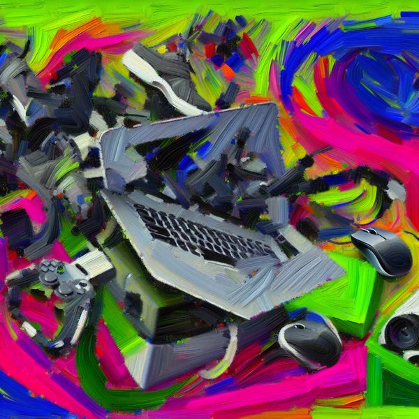 Abstracte laptop met extra opties in levendige kleuren Abstracte afbeelding van een laptop omringd door levendige, chaotische kleuren, met daarbij een tas en een muis, die het idee van extra toevoegingen symboliseert.