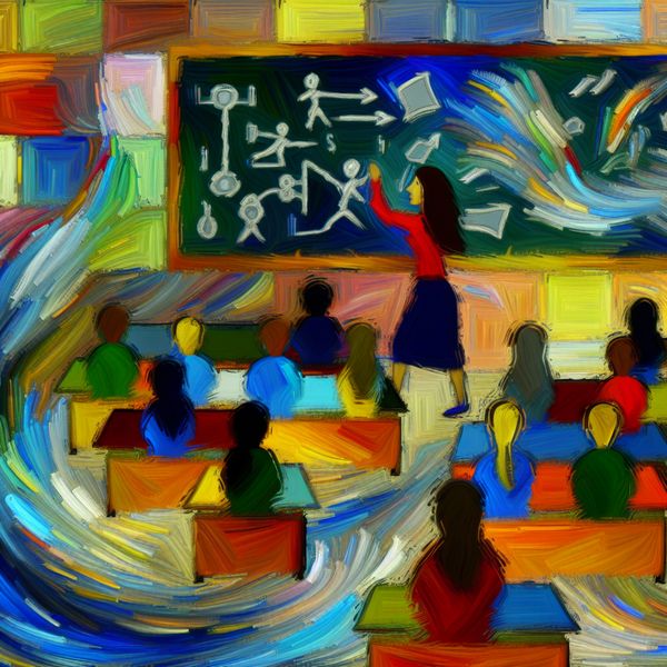 Abstracte weergave van kunstzinnig leren in de klas Abstracte afbeelding van een leraar die studenten in een klas begeleidt, met kleurrijke krijtborden vol schetsen en diagrammen.